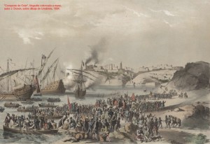 “Conquista de Orán”, litografía coloreada a mano, autor J. Donon, sobre dibujo de Urrabieta, 1854.