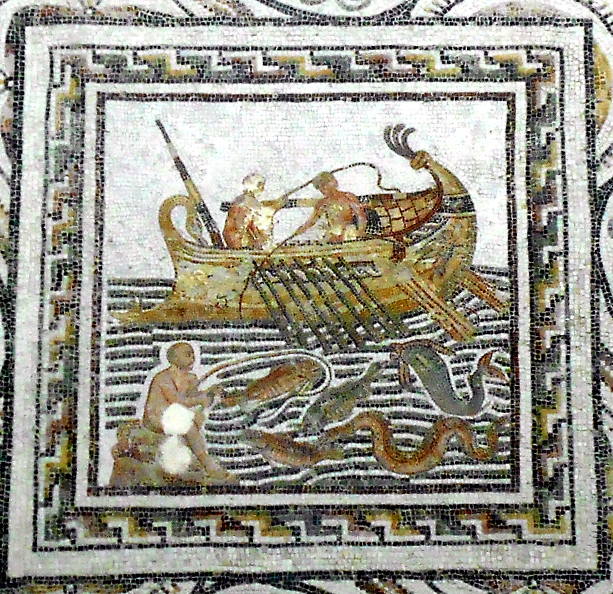 Mosaico con escena de pesca