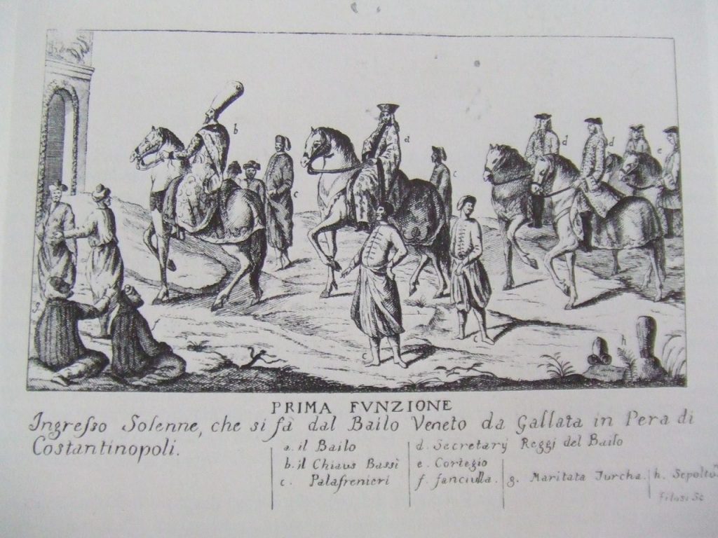 Entrada solemne del nuevo Baylo (el embajador veneciano en Constantinopla) y su séquito, y su marcha desde Gálata hasta Pera, donde se encontraba la embajada veneciana. Autor sin especificar, finales del siglo XVII y principios del XVIII. Propiedad del Museo Correr, Venecia.