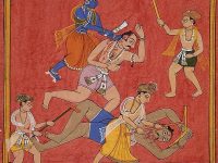 II.21.17 - Krishna mata al rey Kamsa-Acuarela de MEWAR en Rayastán-año 1630