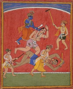 II.21.17 - Krishna mata al rey Kamsa-Acuarela de MEWAR en Rayastán-año 1630