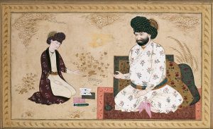 Un retrato de Mirza Muhammad Baqir y su hijo Mirza Hassan por Moeen Muswar, pintado en 1690 ec