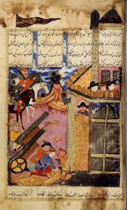 Los portugueses defendiendo el fuerte de Hormuz. De Jarūnnāmah por Qadrī. Isfahán - Estilo safávida